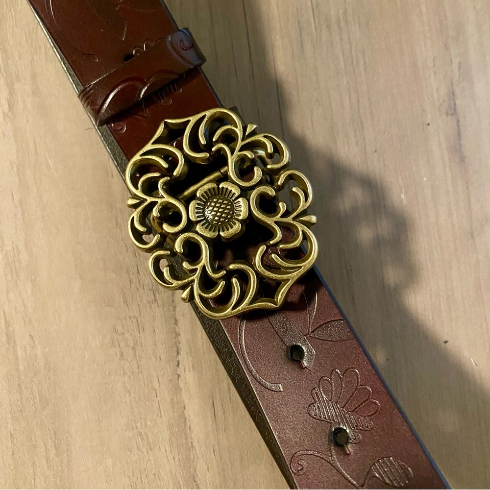 Genuine Tooled Leather Belt with Ornate Buckle